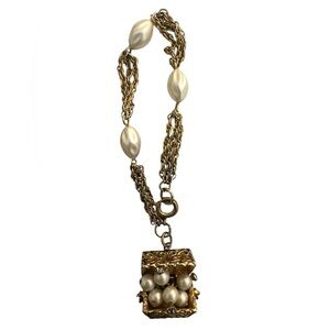 Rare JUDY LEE Signed Treasure Chest Faux Pearl Rhinestone Gold Charm Bracelet